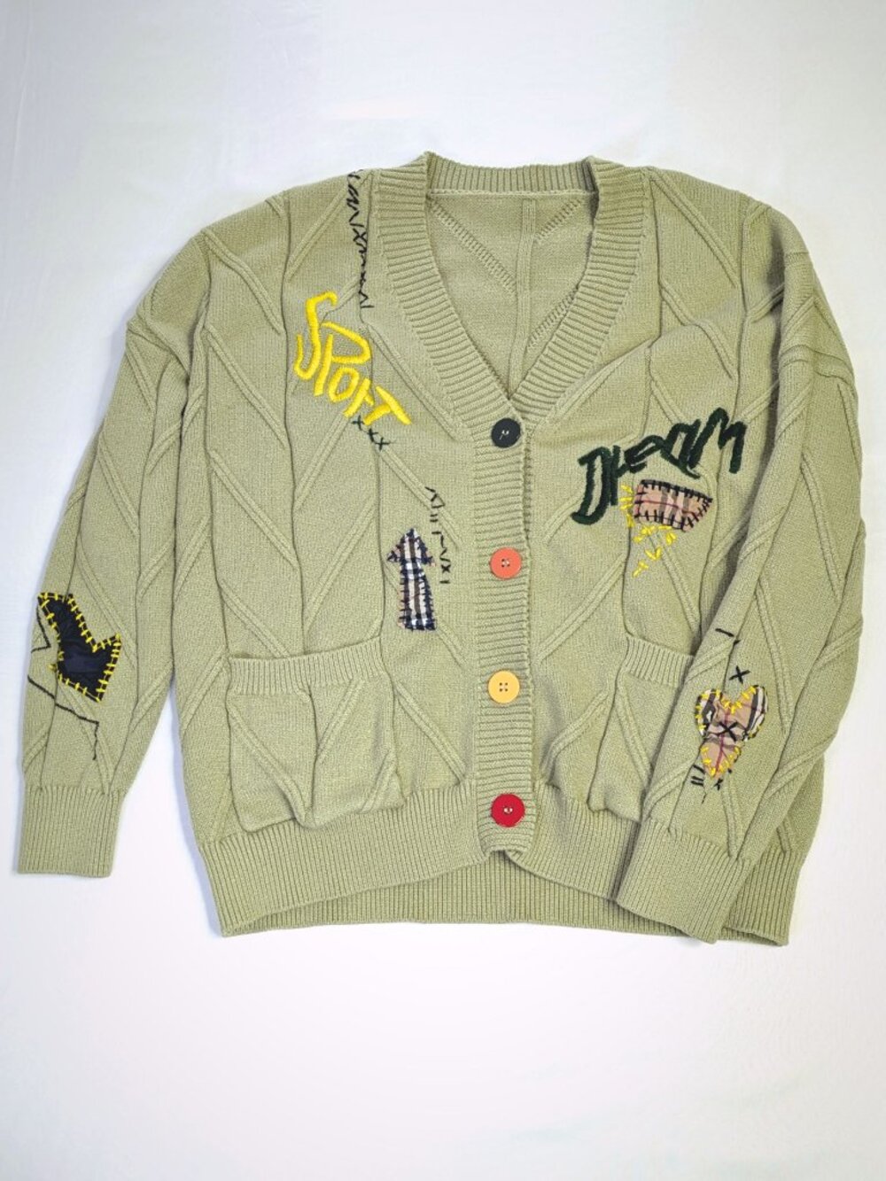 Ebossy Cardigan - Women's 2XL - Green Cable Knit Sweater Embroidered Patchwork